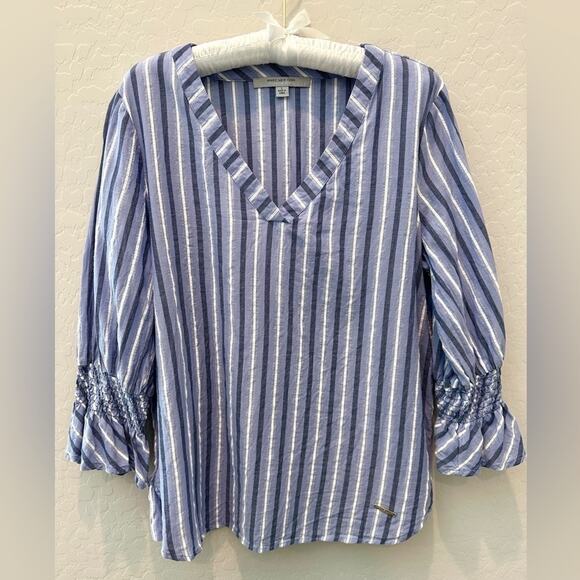 MARC NEW YORK | Andrew Marc Blue White Striped Cotton Blouse Top V-Neck | Large - Picture 1 of 6